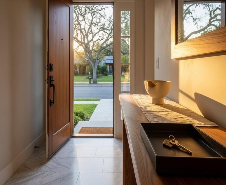 A welcoming home entryway with an open front door and warm natural light