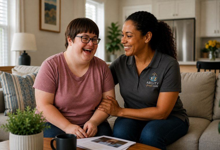 A care professional and a resident sharing a warm moment at home